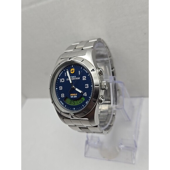 Vintage Timex Expedition Ana Digi Blue Dial Watch Indiglo 50M Alarm New Battery - Picture 2 of 14